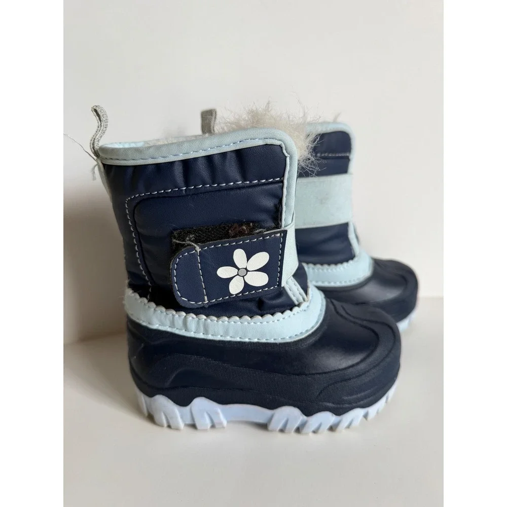 Member's Mark Toddler Girls Size 7/8 Navy Blue Flower Faux Fur Lined Snow Boots